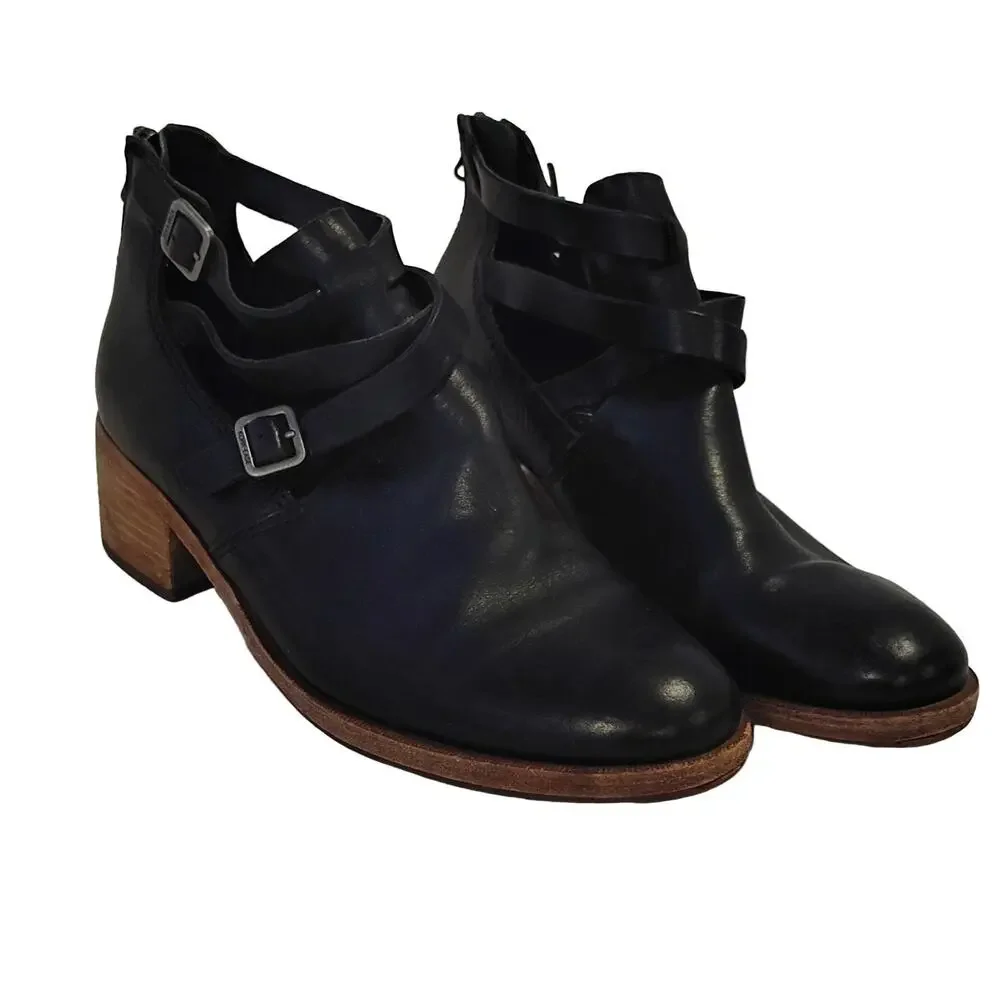 Kork-Ease Jardin SZ 8M K85803 Black Leather Ankle Boots Women's Cut Out Buckle